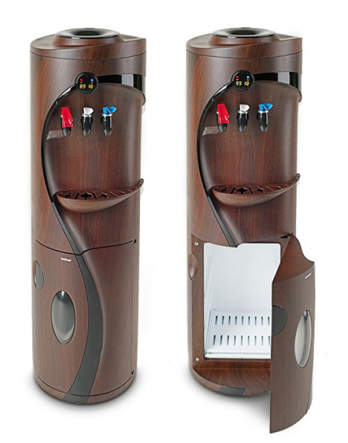 HotFrost V760С, Wood кулер для воды1021 HotFrost V760С, Wood кулер для воды1021Напольный кулер с компрессорным типом охлаждения HotFrost V760C оборудован шкафчиком на 17 литров в нижней части корпуса. В верхней части корпуса имеется электронное информационное табло с показателями текущей температуры горячей и холодной воды, без возможности изменять температуру. В отличие от большинства стандартных кулеров с двумя кранами для розлива холодной и горячей воды, в модели кулера HotFrost V760C предусмотрен третий кран для розлива воды комнатной температуры. Электронное табло отображает температуру воды, делая повседневное использование аппарата намного более удобным и приятным. Корпус кулера представляет собой форму цилиндра и имеет несколько цветовых решений: цвет под дерево и светло-синий металлик. Напольный кулер HotFrost V760C имеет все сертификаты и соответствует международным стандартам.