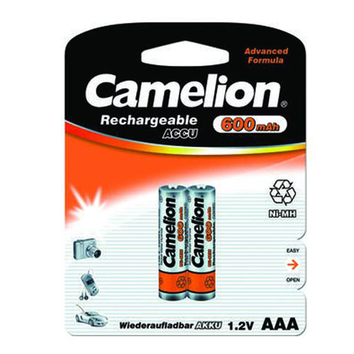 Camelion AAA-600mAh Ni-Mh BL-2 (NH-AAA600BP2) 2 аккумулятора, 1.2В2695 Camelion AAA-600mAh Ni-Mh BL-2 (NH-AAA600BP2) 2 аккумулятора, 1.2В2695Никель-металлогидридные батареи Camelion AAA-600mAh Ni-Mh BL-2 (NH-AAA600BP2). Особенностью таких аккумуляторов является их высокая емкость, отсутствие эффекта памяти, возможность быстрого заряда. Они находят применение в таких условиях, как MP3- плееры, цифровые фото- и видеокамеры, телефоны и т.д. Ni-Mh аккумуляторы являются абсолютно безопасными для окружающей среды.