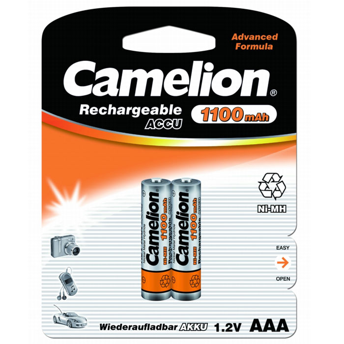 Camelion AAA-1100mAh Ni-Mh BL-2 (NH-AAA1100BP2) 2 аккумулятора, 1.2В7372 Camelion AAA-1100mAh Ni-Mh BL-2 (NH-AAA1100BP2) 2 аккумулятора, 1.2В7372Никель-металлогидридные батареи Camelion AAA-1100mAh Ni-Mh BL-2 (NH-AAA1100BP2). Особенностью таких аккумуляторов является их высокая емкость, отсутствие эффекта памяти, возможность быстрого заряда. Они находят применение в таких условиях, как MP3- плееры, цифровые фото- и видеокамеры, телефоны и т.д. Ni-Mh аккумуляторы являются абсолютно безопасными для окружающей среды.