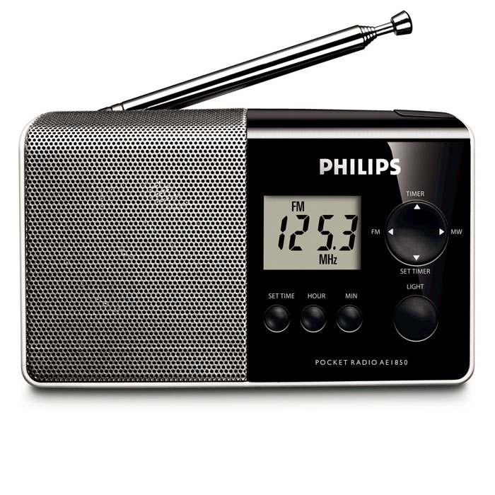Philips AE1850AE1850/00 Philips AE1850AE1850/00Стильный, карманный радиоприемник Philips AE1850 с диапазонами AM/FM с легко читающимся цифровым дисплеем, подсветкой, часами и будильником.
