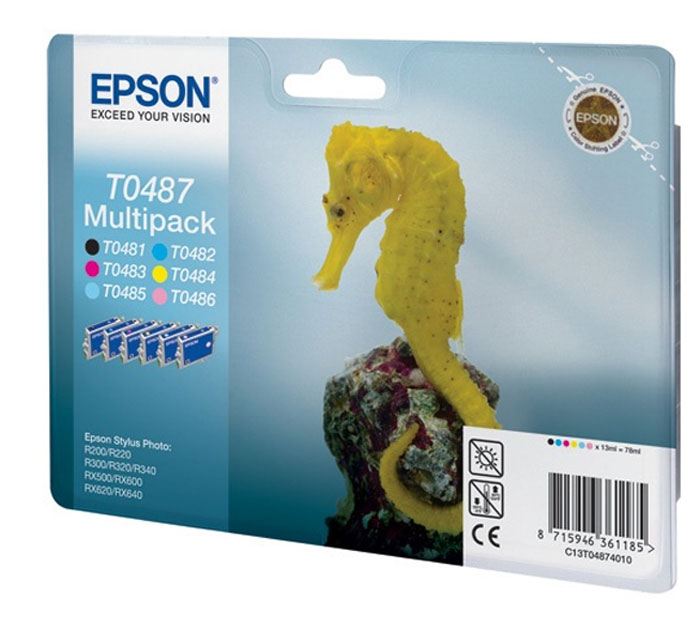 Epson T0487 MultiPack (C13T04874010) картридж для Stylus Photo R200/R300C13T04874010 Epson T0487 MultiPack (C13T04874010) картридж для Stylus Photo R200/R300C13T04874010Экономичный набор из 6 картриджей Epson T0487 - сэкономьте 30%. Измерен по стандарту ISO/IEC FCD 24711 и 24712.