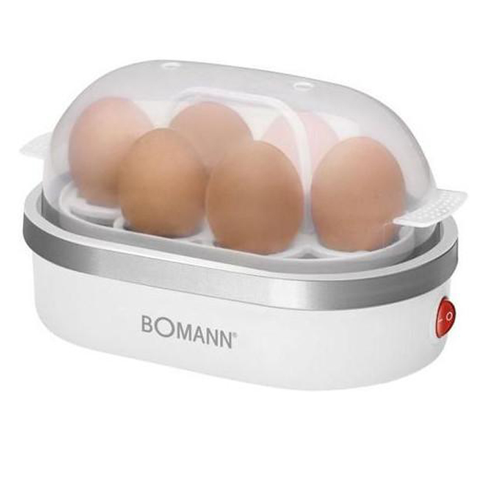Bomann EK 5022 CB, White Silver яйцеваркаEK 5022 CB weis-silber Bomann EK 5022 CB, White Silver яйцеваркаEK 5022 CB weis-silberЭлектрическая яйцеварка Bomann EK 5022 CB позволяет быстро сварить паровым способом до шести яиц одновременно. Яйца готовятся на пару, при этом используется минимальное количество воды. Устройство оборудовано нагревательным элементом из нержавеющей стали. Съемный держатель Акустический сигнал (зуммер) Кнопка Вкл/Выкл (с подсветкой) Напряжение питания: 230 В, 50 Гц Антипригарное покрытие нагревательной пластины Противоскользящие ножки