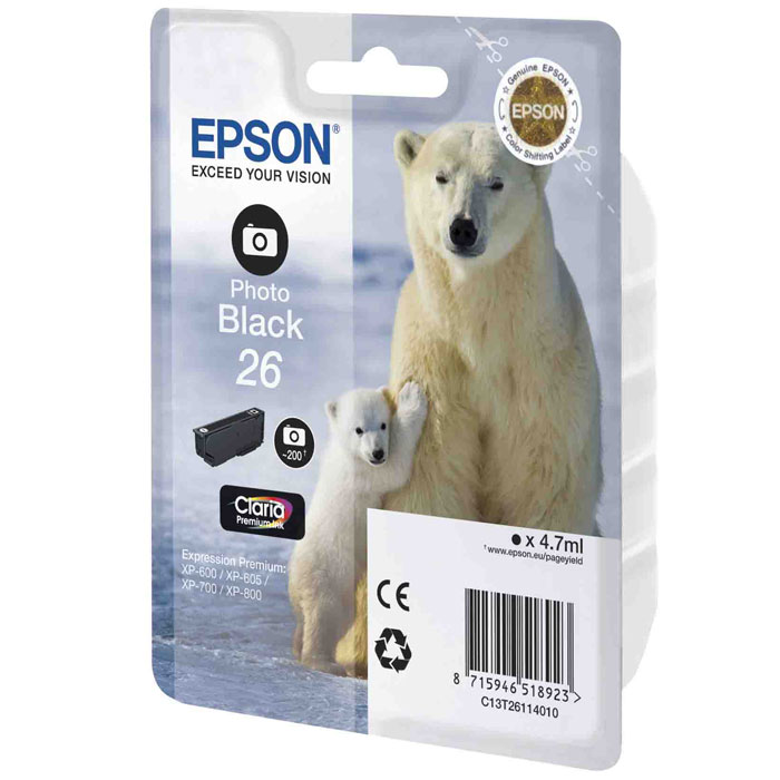 Epson 26 (C13T26114010), Photo Black картридж для XP-600/XP-700/XP-800C13T26114010 Epson 26 (C13T26114010), Photo Black картридж для XP-600/XP-700/XP-800C13T26114010Картридж стандартной емкости Epson 26 (C13T26114010) с водорастворимыми черными фото чернилами для печати фотографий для МФУ Epson.