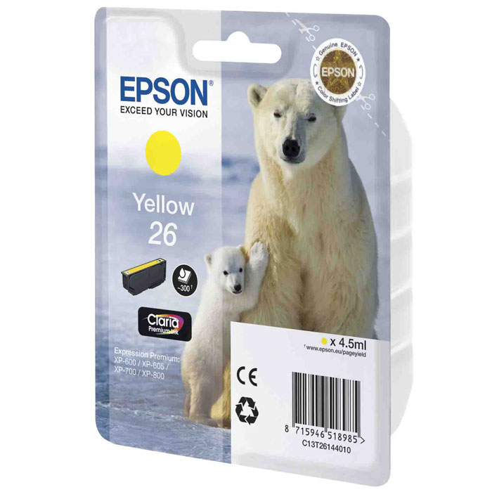 Epson 26 (C13T26144010), Yellow картридж для XP-600/XP-700/XP-800C13T26144010 Epson 26 (C13T26144010), Yellow картридж для XP-600/XP-700/XP-800C13T26144010Картридж стандартной емкости Epson 26 с пигментными черными или водорастворимыми цветными чернилами для струйных МФУ Epson.