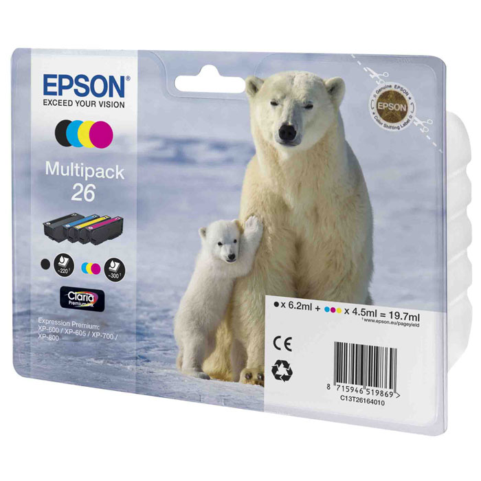 Epson 26 Multipack (C13T26164010) комплект картриджей для XP-600/XP-700/XP-800C13T26164010 Epson 26 Multipack (C13T26164010) комплект картриджей для XP-600/XP-700/XP-800C13T26164010Экономичный набор из 4 картриджей Epson 26 с пигментными черными и водорастворимыми цветными чернилами.