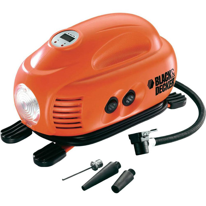 Автомобильный компрессор Black&Decker ASI200ASI200 Автомобильный компрессор Black&Decker ASI200ASI200Black&Decker ASI200 - компактный автомобильный компрессор. Имеет возможность установки различного давления, снабжен мощным фонарем, позволяющим работать даже в темное время суток. Преимущества: - 1 поршень, - отсек для хранения кабеля / шланга. - цифровой манометр с возможностью предустановки необходимого давления, - раздельные 2-х позиционные выключатели компрессора и фонаря, - дисплей с кнопками установки необходимого давления, - предохранитель, - противоскользящие резиновые ножки, - 3 сменные насадки, - хранение насадок на корпусе.