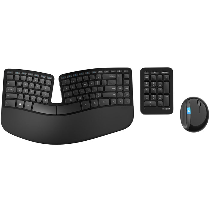Microsoft Sculpt Ergonomic Desktop, Black USB клавиатура + мышьL5V-00017 Microsoft Sculpt Ergonomic Desktop, Black USB клавиатура + мышьL5V-00017Комплект из беспроводной клавиатуры и беспроводной мыши Microsoft Sculpt Ergonomic Desktop. Конструкция Sculpt Ergonomic Desktop основана на современных принципах эргономики: разделенная клавиатура позволяет держать руки в расслабленном положении, а мягкая подкладка для запястий поддерживает их. Выгнутая форма клавиатуры позволяет уменьшить угол изгиба запястий, который может приводить к болям и сокращению мобильности. Sculpt Ergonomic Desktop обеспечивает повышение продуктивности работы, делая ее максимально эргономичной. Позволяя расслабить руки и расположиться удобнее, этот комплект избавляет вас от стресса, напряжения и дискомфорта, которые вы могли испытывать при работе с другими клавиатурами и мышами. Раскладка Natural Arc следует контурам пальцев, упрощая работу с клавиатурой. Обратный наклон позволяет расположить клавиатуру под нейтральным углом. Кроме того, форма мыши обеспечивает максимальный комфорт для запястья. Кнопка Windows...