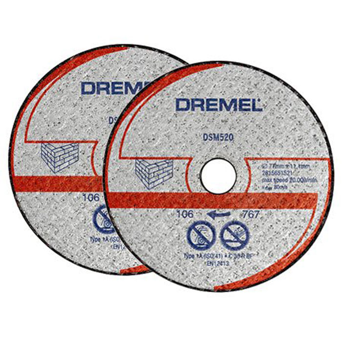 Отрезной диск по бетону Dremel DSM520 для Dremel DSM20, 2 шт2615S520JA Отрезной диск по бетону Dremel DSM520 для Dremel DSM20, 2 шт2615S520JAДиск Dremel DSM520 - это армированный абразивный отрезной круг типа 1, предназначенный для резки камня и бетона. Рабочий диаметр: 20 мм. Диаметр диска: 77 мм. Посадочное отверстие: 11,1 мм. Максимальная скорость: 80 м/с. Максимальная скорость вращения: 20 000 об/мин.