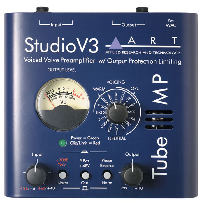 ART Tube MP Studio V3 предусилительTube MP Studio V3 ART Tube MP Studio V3 предусилительTube MP Studio V3Одноканальный ламповый микрофонно-инструментальный предусилитель ART Tube MP Studio V3 с выходным лимитером, индикатором уровня и пресетным переключателем тембров. В устройстве используется технология V3 (Variable Valve Voicing), которая предлагает 16 пресетов, оптимизированных для работы с различными источниками сигнала (вокал, гитара, бас-гитара). Технология OPL (Output Protection Limiting) позволяет избежать клиппирования и перегрузки в сигнальной цепи. Есть настройки для получения неокрашенного звучания и настройки, включающие в себя комбинацию лампового утепления и лимитера. Устройство имеет стрелочный индикатор и ручку выбора пресета. ART Tube MP Studio V3 может быть также использовано как источник фантомного питания +48 В для конденсаторных микрофонов.