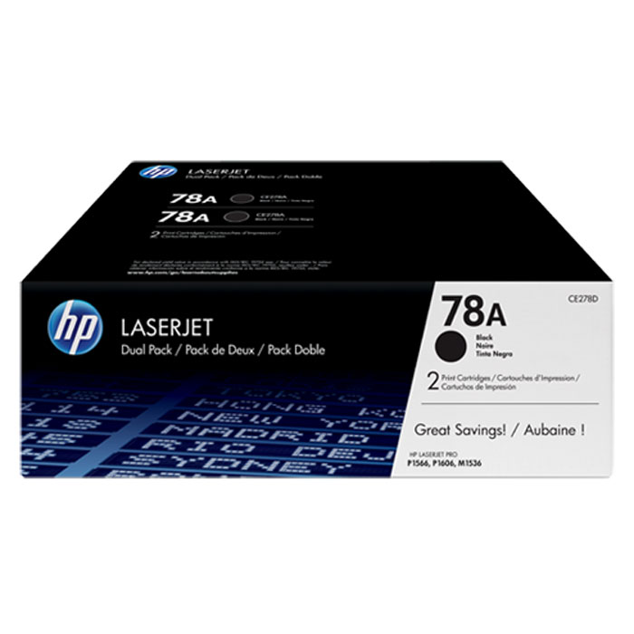 HP CE278AF картридж для LaserJet 1566/1606dn/1536dnfCE278AF HP CE278AF картридж для LaserJet 1566/1606dn/1536dnfCE278AFУпаковка из 2 оригинальных лазерных картриджей HP CE278AF позволяет печатать и экономить больше. Получите профессиональное качество печати по более выгодной цене по сравнению с отдельными картриджами. Сохраняйте свою производительность и сократите время простоев, имея под рукой дополнительный картридж.