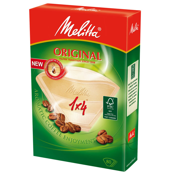 Melitta Original, Brown фильтры для заваривания кофе, 1х4/40100702 Melitta Original, Brown фильтры для заваривания кофе, 1х4/40100702Оригинальные бумажные фильтры Melitta Original 1х4 натурального коричневого цвета. Откройте для себя сбалансированный и еще более насыщенный вкус кофе с помощью бумажных фильтров для кофе Original с технологией Aromapor. Арома-поры теперь разделены на 3 арома-зоны, каждая с разным количеством перфораций. Это позволяет бумажным фильтрам для кофе Original быть частью приготовления отличного кофе. Размер: 1х4 Чрезвычайно прочный двойной шов