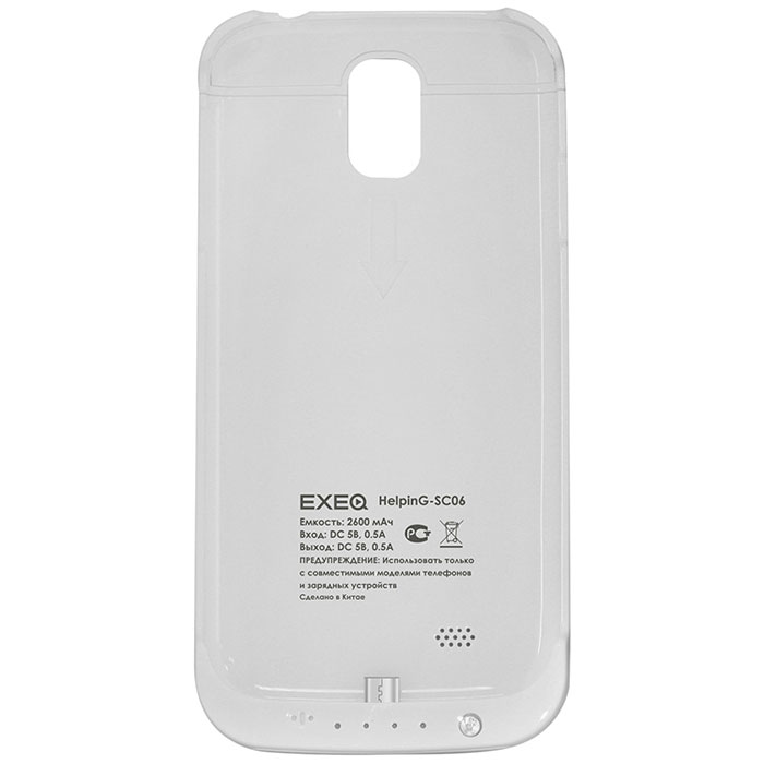 EXEQ HelpinG-SC06 чехол-аккумулятор для Samsung Galaxy S4, White (2600 мАч, клип-кейс)HelpinG-SC06 WH EXEQ HelpinG-SC06 чехол-аккумулятор для Samsung Galaxy S4, White (2600 мАч, клип-кейс)HelpinG-SC06 WHExeq HelpinG-SС06 – универсальный аксессуар, благодаря которому ваш смартфон не только будет надежно защищен, но обеспечен своевременной подзарядкой! Exeq HelpinG-SС06 выполнен из прочного прорезиненного пластика, который надежно защитит смартфон от ударов, царапин и загрязнений. Встроенный аккумулятор обеспечит подзарядку батареи смартфона в самые нужные моменты его использования. В качестве приятного дополнения Exeq HelpinG-SС06 имеет откидывающуюся подставку. Специальная конструкция чехла с выдвижной верхней частью позволит удобно и надежно поместить телефон в чехол, а при необходимости легко и быстро достать телефон из чехла. Хотя извлекать телефон из надежного Exeq HelpinG-SС06 вам вряд ли понадобится – заряжать телефон можно непосредственно в чехле, подключив к нему зарядное устройство телефона и нажав кнопку питания на чехле. Если кнопку питания не нажимать, то будет происходить зарядка чехла-аккумулятора. Аналогично происходит и подключение телефона к компьютеру –...