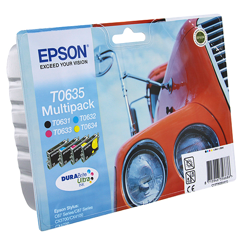 Epson T0635 Multipack (C13T06354A10) комплект картриджей для C67/C87/CX3700/CX4100/CX4700C13T06354A10 Epson T0635 Multipack (C13T06354A10) комплект картриджей для C67/C87/CX3700/CX4100/CX4700C13T06354A10Экономичный набор картриджей Epson с цветными чернилами для струйной печати. В комплект входят 4 картриджа с черными, голубыми, пурпурными и желтыми чернилами.