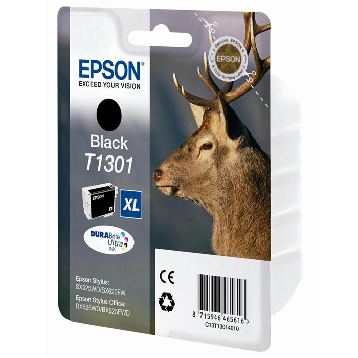 Epson T1301 XL (C13T13014010), Black картридж для SX525/SX620/BX320/BX625C13T13014010 Epson T1301 XL (C13T13014010), Black картридж для SX525/SX620/BX320/BX625C13T13014010Черный картридж экстра повышенной емкости Epson C13T13014010 Black для принтеров Epson Stylus.