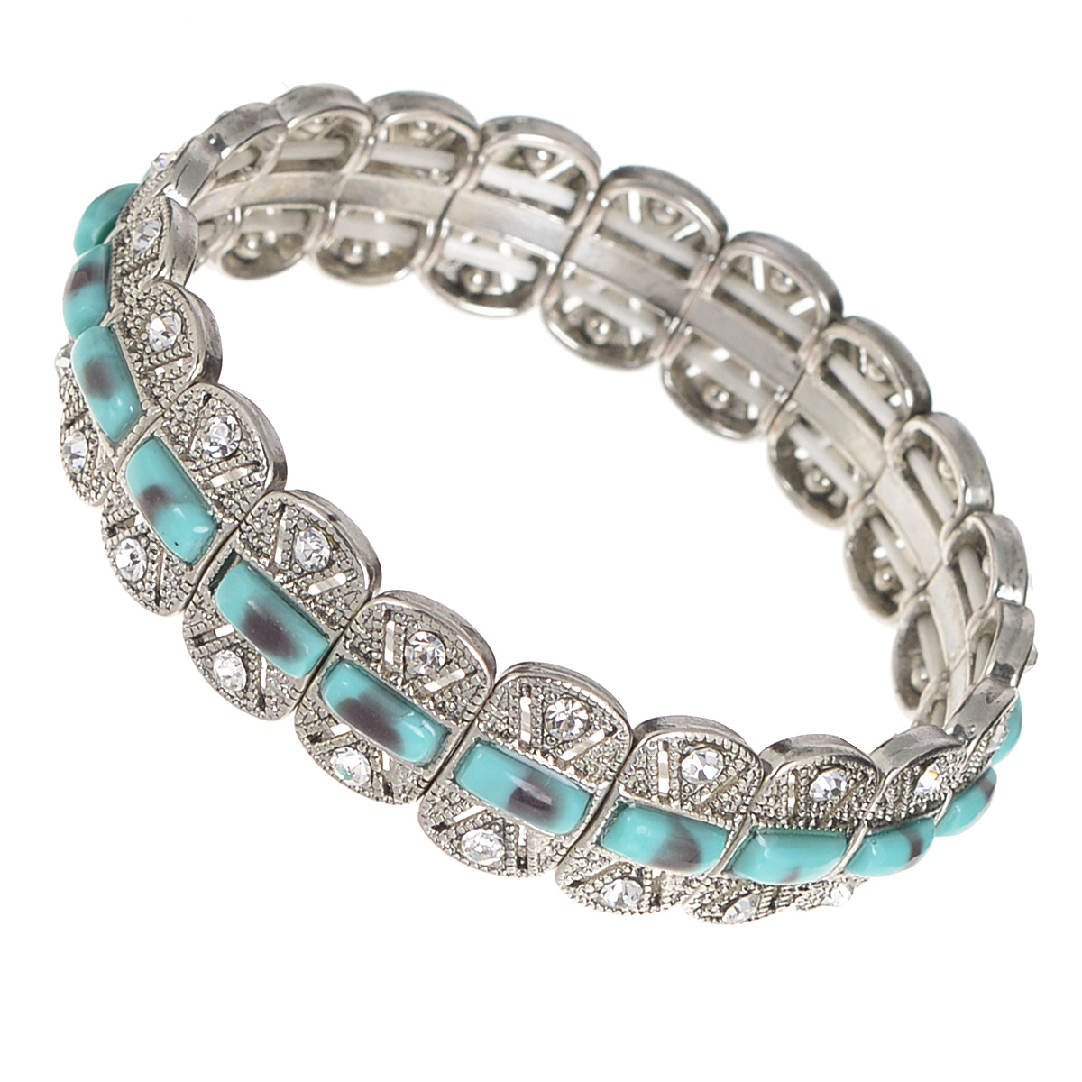Браслет AtStyle247, цвет: серебряный, бирюзовый. T-B-8209-BRAC-SL.TURQUOIST-B-8209-BRAC-SL.TURQUOIS Браслет AtStyle247, цвет: серебряный, бирюзовый. T-B-8209-BRAC-SL.TURQUOIST-B-8209-BRAC-SL.TURQUOISИзысканный женский браслет AtStyle247 выполнен из металлического сплава меди, цинка и железа в серебряном цвете. Модель состоит из прямоугольных декоративных элементов, оформленных вставками бирюзового цвета, стилизованными под камни, и усыпанных стразами. Эластичная прочная резинка позволит идеально зафиксировать модель на руке. Это стильное украшение элегантно завершит модный образ и подчеркнет ваш утонченный вкус.