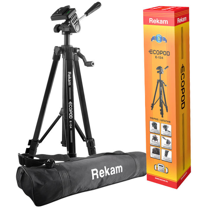 Rekam ECOPOD E-134 штативE-134 Rekam ECOPOD E-134 штативE-134Rekam ECOPOD E-134 – легкий, устойчивый штатив с 3 секциями, из серии ECOPOD. 3-секционная конструкция штатива обладает хорошей устойчивостью, и выдерживает бо?льшую нагрузку, чем штативы с 4 секциями. Поперечные перекладины между опорами и центральной штангой помогают быстро установить штатив в ровном положении и увеличивают его устойчивость. Высота ног фиксируются при помощи удобных клипсовых зажимов. Опоры имеют специальные резиновые накладки, позволяющие избежать скольжения. Реечный микролифт с фиксатором и ручкой позволяет осуществлять плавную регулировку высоты штатива. Механизм «головы» обеспечивает плавный ход, высокую степень свободы и возможность поворачивать камеру в вертикальное положение. Управление и фиксация головы осуществляется при помощи ручки. Для точной установки линии горизонта на верхней площадке «головы» расположен жидкостный уровень. Быстросъемная площадка дает возможность оперативно устанавливать и снимать камеру со штатива. Матовое,...