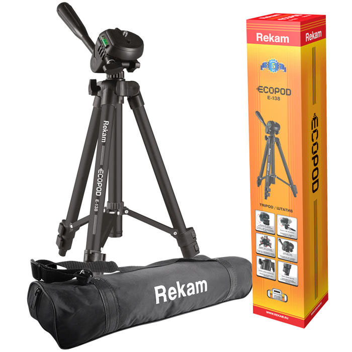 Rekam ECOPOD E-138 штативE-138 Rekam ECOPOD E-138 штативE-138Rekam ECOPOD E-135 - прочный, 3-секционный штатив с облегченной конструкцией из серии ECOPOD. 3- секционная конструкция штатива обладает хорошей устойчивостью, и выдерживает большую нагрузку, чем штативы с 4 секциями. Поперечные перекладины между опорами и центральной штангой помогают быстро установить штатив в ровном положении и увеличивают его устойчивость. Высота ног фиксируются при помощи удобных клипсовых зажимов. Опоры имеют специальные резиновые накладки, позволяющие избежать скольжения. Реечный микролифт с фиксатором и ручкой позволяет осуществлять плавную регулировку высоты штатива. Механизм «головы» обеспечивает плавный ход, высокую степень свободы и возможность поворачивать камеру в вертикальное положение. Управление и фиксация головы осуществляется при помощи ручки. Жидкостный уровень, расположенный на верхней площадке «головы», помогает правильно установить горизонт. Быстросъемная площадка дает возможность оперативно устанавливать и снимать...