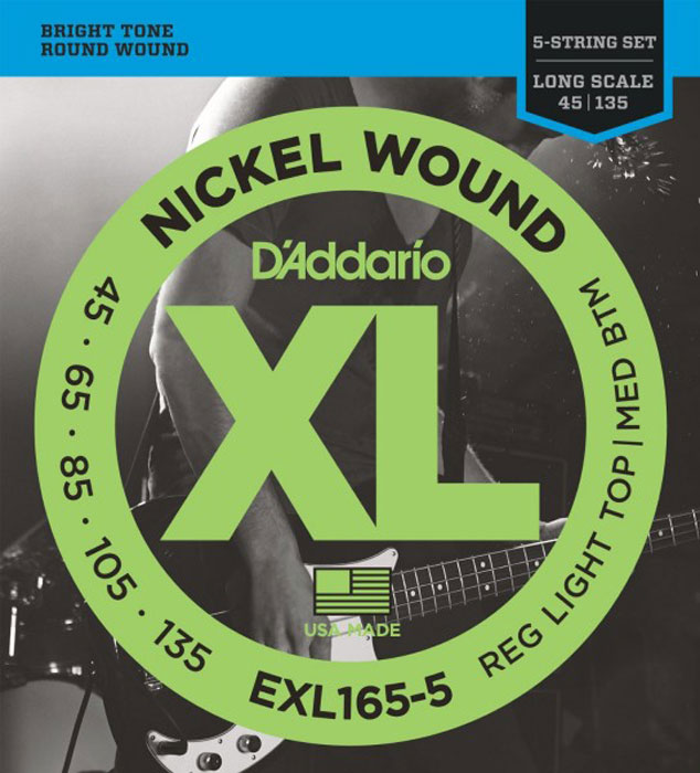 DAddario EXL165-5 струны для бас-гитарыEXL165-5 DAddario EXL165-5 струны для бас-гитарыEXL165-5Струны DAddario EXL165-5 для пятиструнной бас гитары с никелированным покрытием, которые прекрасно подходят для всех стилей. Натяжение: Regular Light Top/Medium Bottom Long Scale G-45, D-65, A-85, E-105, B-135