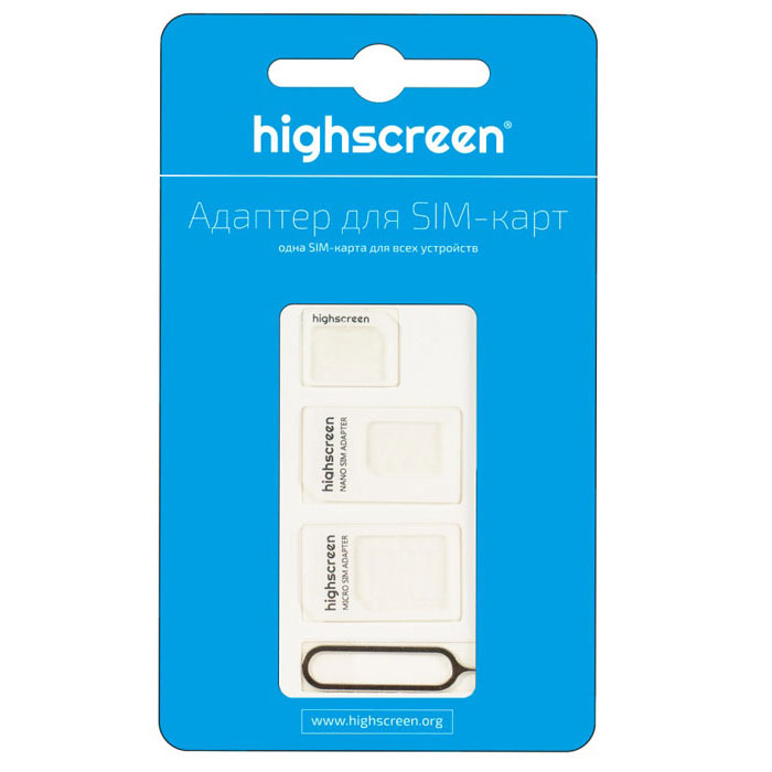 Highscreen комплект переходников для SIM-карт22679 Highscreen комплект переходников для SIM-карт22679Набор адаптеров Highscreen для sim-карт формата micro и nano. Переходники сделаны из высококачественной пластмассы. С помощью адаптеров можно самостоятельно превратить nano-sim в micro или стандартную mini-sim, а micro-sim в стандартную sim-карту. В комплекте прилагается скрепка, используемая в ряде устройств, для извлечения sim-карт.