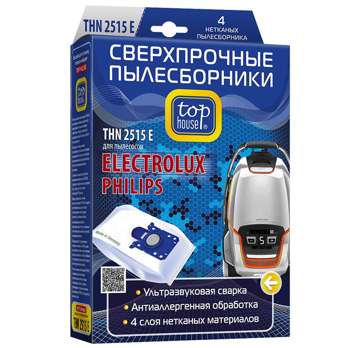 Top House THN 2515 E нетканые пылесборники (4 шт)392463 Top House THN 2515 E нетканые пылесборники (4 шт)392463Сверхпрочные нетканые пылесборники Top House THN 2515 E для пылесосов Electrolux, Philips. Очищают воздух от пыли, бактерий, пыльцы растений и пылевых клещей. Антибактериальная обработка пылесборника препятствует размножению патогенных микроорганизмов. Пластиковый фланец надежно приварен ультразвуком к материалу мешка и выдерживает повышенные нагрузки. Мощность всасывания остается стабильной даже при полностью заполненном пылесборнике. Максимально полная заполняемость пылесборника позволяет реже производить замену. Пылесборники не боятся острых предметов, осколков стекла и мелких камней. Случайное попадание влаги не влияет на работу пылесборника. Серия пылесосов: Electrolux: Excellio Z5200 - Z5295; Clario Z1910 - Z1950; Oxygen Z5510 - Z5560; SmartVac Z5600 - Z5695; Ultra Silancer ZUS 3300 - ZUS 3331; Oxy3system ZO 6300 - ZO 6395; Bolido Z4500 - 4599; Ergo Space ZE 2200 - ZE 2280; Viva Quick Stop ZVQ 2100; ZVQ 2101 Philips: Impact, Universe,...