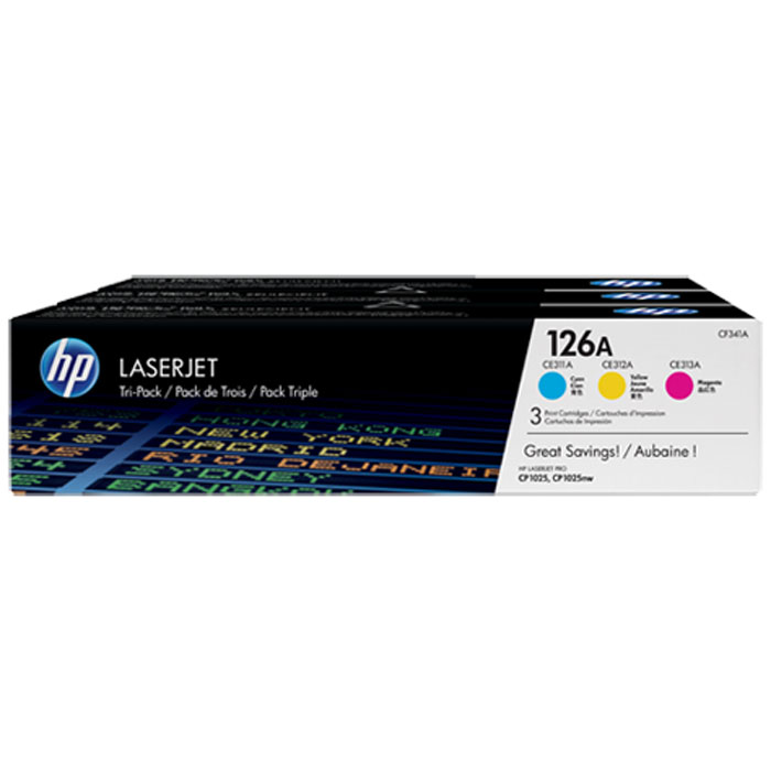 HP CF341A для цветных принтеров HP LaserJet Pro CP1025, Yellow Blue PurpleCF341A HP CF341A для цветных принтеров HP LaserJet Pro CP1025, Yellow Blue PurpleCF341AУпаковка из трех картриджей (голубой, пурпурный, желтый) с тонером HP 126A LaserJet позволяет получить профессиональное качество печати по более выгодной цене по сравнению с отдельными картриджами. Купите упаковку из трех цветных картриджей с тонером и печатайте изображения с насыщенными цветами, используя технологию HP ColorSphere.