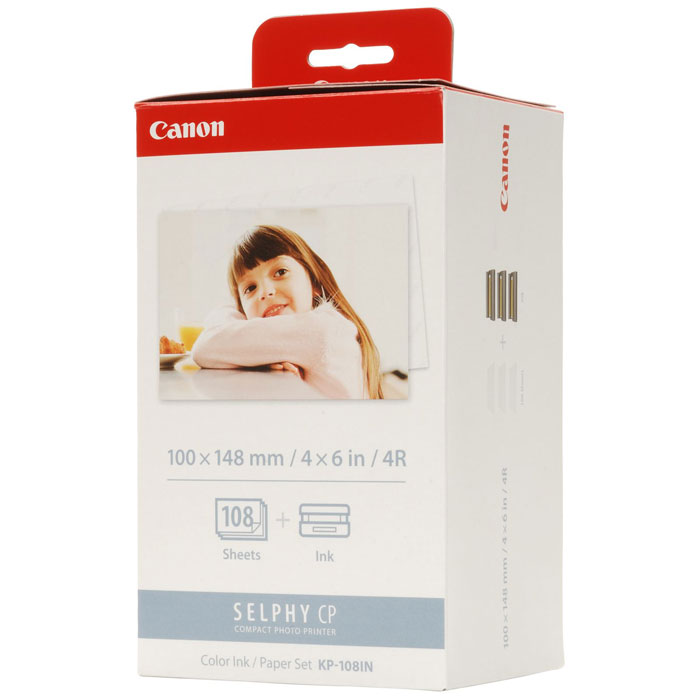 Canon KP-108IN (3115B001) бумага + Сolor красители для CP-100/200/220/300/330/400/500/600/510/7103115B001 Canon KP-108IN (3115B001) бумага + Сolor красители для CP-100/200/220/300/330/400/500/600/510/7103115B001Комплект Canon KP-108IN для термосублимационных принтеров Canon Selphy рассчитан на 108 стандартных отпечатков формата открытки. Формат 100 x 148 мм широко используется для фотоальбомов и фоторамок.
