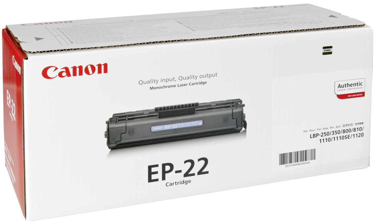 Canon EP-22, Black картридж для для Laser Shot LBP 1120/800/8101550A003 Canon EP-22, Black картридж для для Laser Shot LBP 1120/800/8101550A003Оригинальный черный картридж Canon EP-22 — качественный картридж для LBP 800/810/1120 (HP4092A LJ 1100). Сочетает в себе высокое качество, компактность и простоту установки. Немного увеличенный объём, вследствие чего — повышенный ресурс печати.