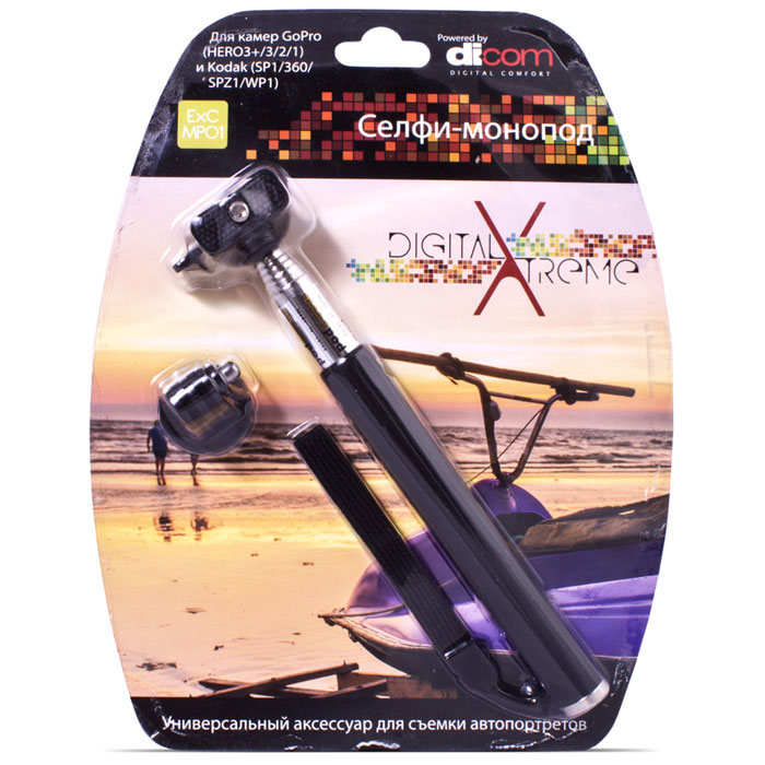Dicom ExCMP01 монопод для селфи, для GoPro Hero3+/3/2/1ExC MP01 Dicom ExCMP01 монопод для селфи, для GoPro Hero3+/3/2/1ExC MP01Dicom ExCMP01 - универсальный телескопический селфи-монопод для фото- и видеосъемки с разных ракурсов. Компактный дизайн и легкий вес позволяют носить монопод даже в кармане, а поворотная платформа делает эксплуатацию аксессуара еще более разнообразной. Совместим с моделями экстрим-камер GoPro и с моделями, обладающими разъемом 3/4. Совместимость с моделями: Kodak PixPro SP1/SP360, SPZ1, GoPro Hero 1-2-3/+ Съемный ремешок в комплекте