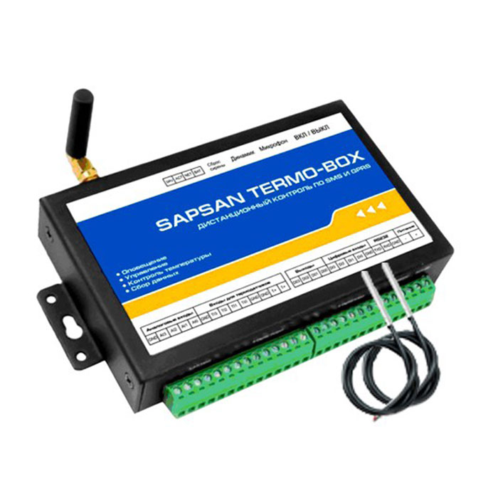 Sapsan Termo-Box GSM-сигнализацияTERMO-BOX 2ТД Sapsan Termo-Box GSM-сигнализацияTERMO-BOX 2ТДИнтеллектуальная система охраны с функцией контроля температуры Sapsan Termo-Box предназначена для дистанционного контроля и охраны объектов недвижимости (домов, офисов, складов). 4 цифровых входа (проводные зоны) позволяют подключать до 40 проводных датчиков на каждую. При этом каждая зона позволяет настроить тип сработки датчиков подключаемых к ней НЗ/НО. Сработки проводных датчиков передаются на заранее записанные в память устройства номера абонентов (10 номеров) в виде текстовых сообщений. 4 аналоговых входа, позволяют подключать датчики для осуществления контроля влажности,температуры, тока или напряжения, а также для контроля других изменяющихся величин. Помимо подключения датчиков работа которых основана на изменении параметров тока либо напряжении, в аналоговым входам можно подключать обычные проводные датчики через сопротивление. 4 входа для температурных датчиков позволяют осуществлять контроль температуры в широком диапазоне (-...