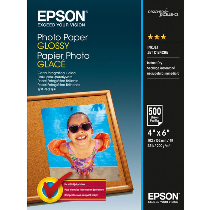 Epson Photo Paper Glossy 10x15 (C13S042549) глянцевая фотобумага, 500 листовC13S042549 Epson Photo Paper Glossy 10x15 (C13S042549) глянцевая фотобумага, 500 листовC13S042549Плотная глянцевая фотобумага Epson Photo Paper Glossy с полимерным покрытием, предназначенная для ежедневной печати высококачественных фотографий в домашних условиях. Качество цветопередачи соответствует лучшим образцам фотобумаги Epson. Имеет высокую водо- и светостойкость, стойкость к истиранию и действию кислорода. Обладает улучшенными характеристиками подачи в печатающее устройство. Прозрачность Яркость: 0.92 Ламинация