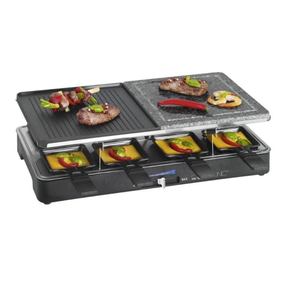 Clatronic RG 3518, Black раклетницаRG 3518 schwarz 8 Pfannch Clatronic RG 3518, Black раклетницаRG 3518 schwarz 8 PfannchКомбинированная раклетница Clatronic RG 3518 имеет рабочую поверхность гриля с антипригарным покрытием. Раклетница Clatronic RG 3518 имеет 8 минипротивней с антипригарным покрытием для приготовления порционных блюд, 8 деревянных лопаток в комплекте и регулируемый термостат со световым индикатором.