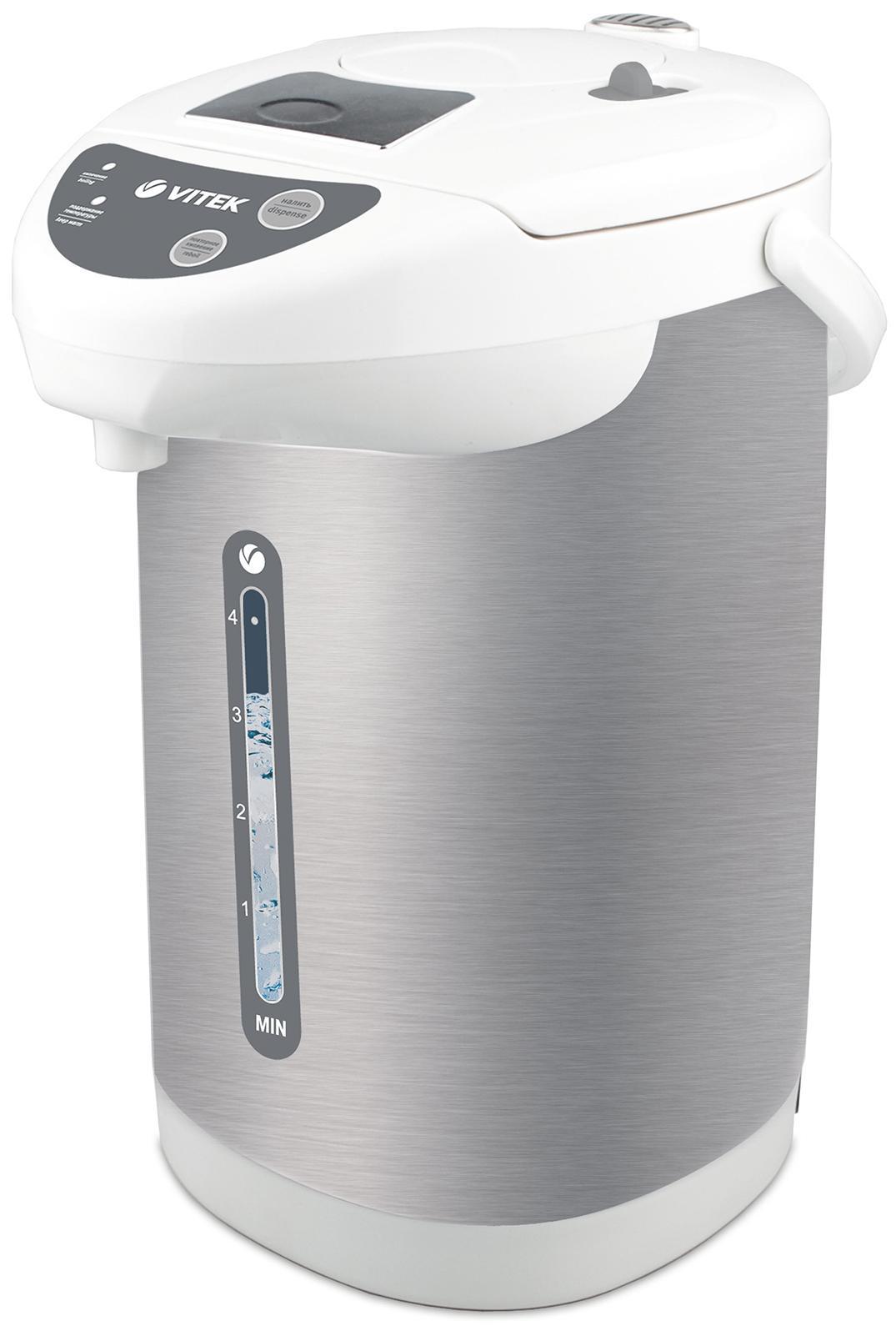 Vitek VT-1196(W) термопотVT-1196(W) Vitek VT-1196(W) термопотVT-1196(W)Вы, ваши близкие и коллеги - большие любители чая и кофе? Вам не хватает терпения и времени ежечасно включать чайник, чтобы приготовить любимые горячие напитки дома или на работе? Тогда вашим незаменимым помощником станет термопот VT-1196 W. С резервуаром для воды объемом 4 л функциональное устройство позволит целый день наслаждаться вкуснейшим чаем или кофе! Для того, чтобы получить данное количество кипятка, вам стоит лишь нажать на соответствующую кнопку. Главное преимущество термопота в том, что в течение всего дня вода останется горячей: так вы экономите не только силы, но и электроэнергию. Если термопот находится в режиме поддержания температуры, то в действие приводится функция повторного кипячения. Налить горячую воду в чашку вы можете без усилий: вы можете использовать как ручную, так и автоматическую подачу воды. Контролировать количество воды в термопоте возможно при помощи специальной прозрачной шкалы с метками, благодаря которой вы определите уровень воды в резервуаре.