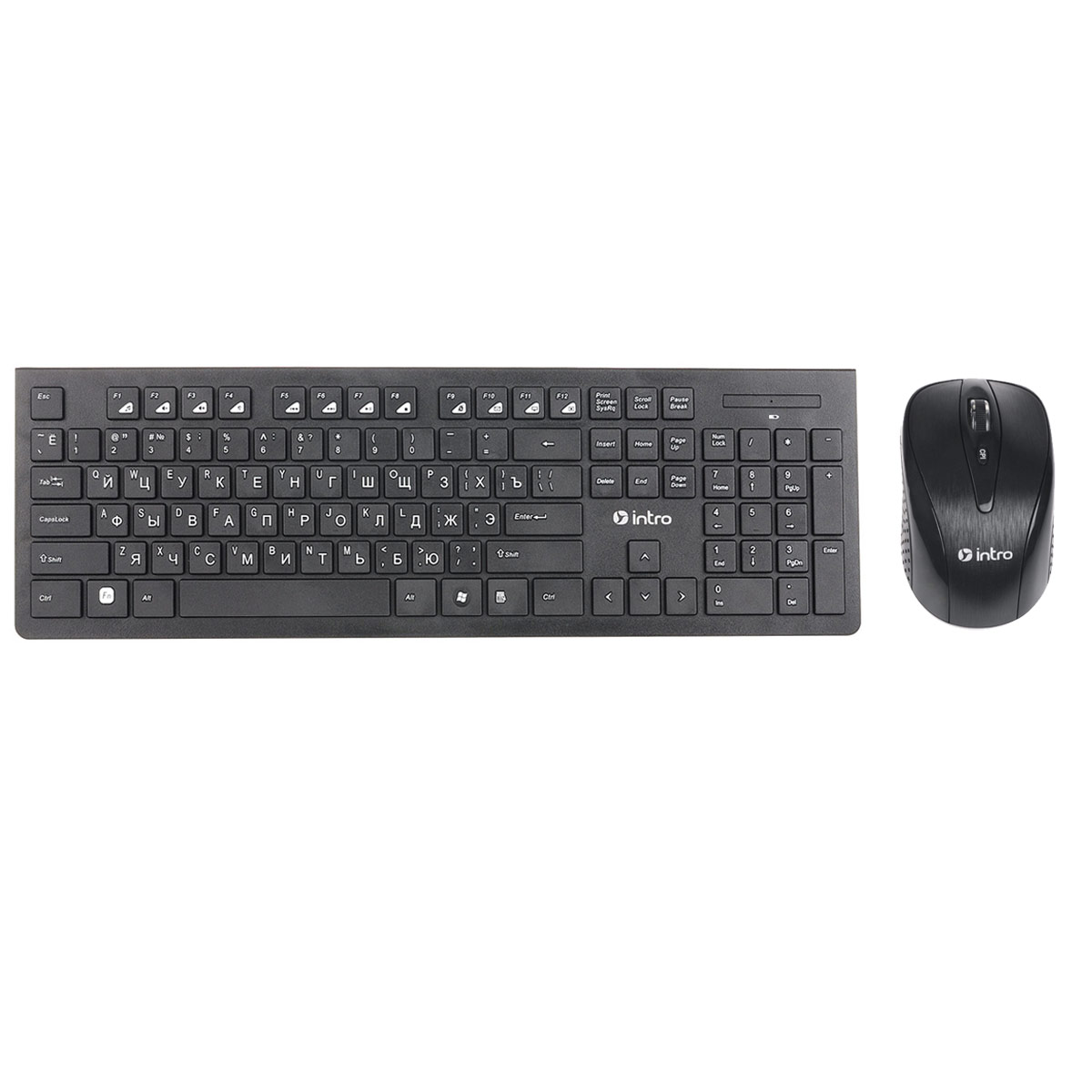 Intro DW810B Wireless Multimedia клавиатура + мышьDW810B Intro DW810B Wireless Multimedia клавиатура + мышьDW810BIntro DW810B Wireless Multimedia - стильный компактный комплект, состоящий из беспроводной клавиатуры и мыши. Клавиши клавиатуры имеют тихий ход. Беспроводная мышь черного цвета с 4 кнопками оснащена кнопкой смены разрешения, которая позволяет менять скорость курсора мыши одним нажатием, а также колесом прокрутки и интерфейсом подключения Nano приемника через универсальный USB. Оптический сенсор с разрешением до 1600 dpi. Установка осуществляется автоматически после подключения Nano приемника к USB-порту ПК.