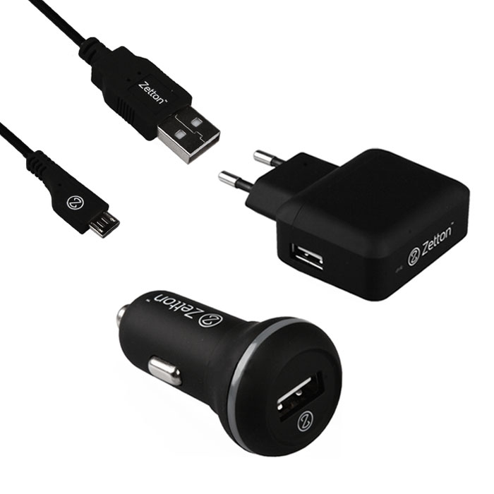 Zetton ZT3IN12A1UMC 3 в 1: АЗУ USB 2,1А + СЗУ USB 2,4А + кабель Micro USBZT3IN12A1UMC Zetton ZT3IN12A1UMC 3 в 1: АЗУ USB 2,1А + СЗУ USB 2,4А + кабель Micro USBZT3IN12A1UMCКомплект Zetton ZT3IN12A1UMC состоит из автомобильного зарядного устройства 2.1А с двумя USB-выходами, сетевого зарядного устройства 2.4А и кабеля MicroUSB. С ним вы сможете без проблем заряжать ваше мобильное устройство дома и в пути.