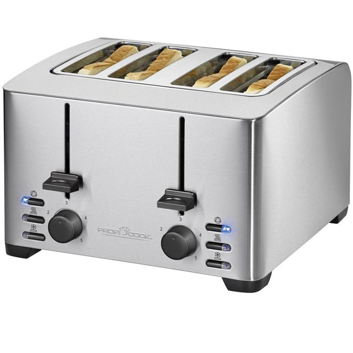 Profi Cook PC-TA 1073 тостерPC-TA 1073 Profi Cook PC-TA 1073 тостерPC-TA 1073Компактный тостер Profi Cook PC-TA 1073 на 4 тоста, с корпусом из нержавеющей стали подходит и для американских тостов, представляющих из себя двухсторонний бутерброд. В устройстве существует возможность одновременного поджаривания или освежения 4 тостов и 2 булочек. Специальный подъемник (экстра-подъём) позволяет безопасно доставать небольшие ломтики хлеба например, для бутербродов-канапе. Съемный поддон располагающийся в нижней части корпуса, удобен тем, что по мере необходимости для извлечения крошек из корпуса не придется снимать нижнюю крышку - достаточно просто выдвинуть поддон. Функция автоматического и ручного отключения, 2 плавных регулятора поджаривания, управляемые легким прикосновением и 2 функции подъема и центрирования позволят вам приготовить гренки на любой вкус. 2 секции по 2 широких слота (40 мм) с независимым управлением и регулировкой Центрирование ломтиков для равномерного обжаривания с двух сторон Возможность...