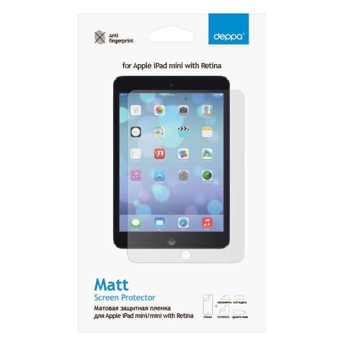 Deppa защитная пленка для Apple iPad mini/mini with Retina, матовая61001 Deppa защитная пленка для Apple iPad mini/mini with Retina, матовая61001Матовая пленка Deppa защитит устройство от царапин. Пленка изготовлена из трехслойного японского материала PET.