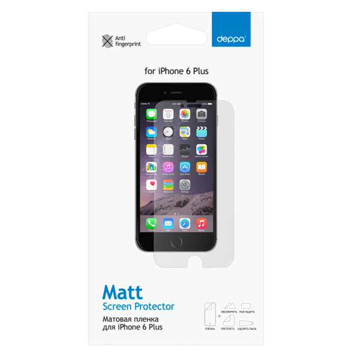 Deppa защитная пленка для Apple iPhone 6 Plus, матовая61358 Deppa защитная пленка для Apple iPhone 6 Plus, матовая61358Матовая пленка Deppa защитит устройство от царапин. Пленка изготовлена из трехслойного японского материала PET.