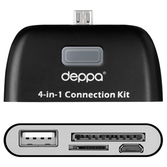 Deppa OTG Connection Kit, Black картридер для смартфонов и планшетов с microUSB11405 Deppa OTG Connection Kit, Black картридер для смартфонов и планшетов с microUSB11405Картридер Deppa OTG Connection Kit для смартфонов и планшетов с microUSB предназначен для передачи данных с внешних носителей информации, подключения периферийных устройств и синхронизации с компьютером через microUSB дата-кабель. Для удобства в устройстве есть возможность для подключения карт памяти, внешних жестких дисков, цифровых фотокамер, USB клавиатуры, мыши.
