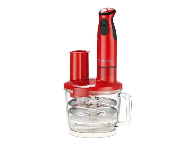 Oursson HB4040, Red погружной блендерHB4040/RD Oursson HB4040, Red погружной блендерHB4040/RDПогружной блендер с многофункциональной стеклянной чашей HB4040 максимально оснащенный различными ножами, терками, дисками-шинковками, сэкономит драгоценное время на приготовление пищи. С помощью насадки для пюрирования легко приготовить пюре или паштет, венчиком взбить белки, крем, тесто для блинов или молочный коктейль, с помощью диска-шинковки нарезать ломтиками сыр, колбасу или овощи. Диски-терки приготовят салат или потрут овощи для супа, а нож-измельчитель превратит мясо или рыбу в фарш, измельчит лук и чеснок, орехи, крупы, кофе, специи, и даже приготовит сахарную пудру. Чаша, идущая в комплекте, выполнена из высококачественного стекла, которое не поцарапается твердыми продуктами или кусочками льда. Ее можно наполнять горячими ингредиентами и жидкостью
