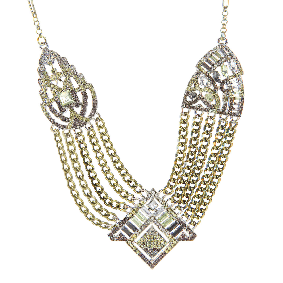 Колье Milana Style, цвет: бронза. 00873xl00873xl Колье Milana Style, цвет: бронза. 00873xl00873xlСтильное колье выполнено из бижутерного сплава. Колье состоит из металлических цепочек, в центре которых массивная треугольная подвеска, декорированная стразами и искусственным камнем. По бокам от центра отходят пять крупных цепочек и соединяются с декоративными элементами в виде листков, так же украшенных стразами и камнями. Застежка - карабин. Длина регулируется. Материал: бижутерный сплав, пластик, искусственные камни. Красивое и элегантное украшение блестяще подчеркнет изящество, женственность и красоту своей обладательницы и придаст особенное очарование и стиль.