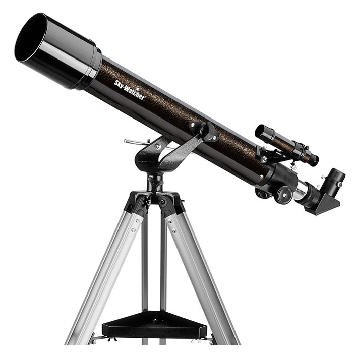 Sky-Watcher BK 705AZ2 телескопBK 705AZ2 Sky-Watcher BK 705AZ2 телескопBK 705AZ2Компактный ахроматический рефрактор Sky-Watcher BK 705AZ2 станет прекрасным подарком для начинающего любителя астрономии. Это качественный и простой в управлении инструмент, с помощью которого можно изучать Луну, планеты и другие объекты Солнечной системы. Данная модель представляет собой ахромат: благодаря особой конструкции объектива хроматические аберрации сведены к минимуму. На оптические поверхности нанесено многослойное просветляющее покрытие, улучшающее качество картинки. Для предварительного наведения на объект используется оптический искатель с 6-кратным увеличением. В комплект входят окуляры 10 мм и 25 мм, дающие увеличение 50 и 20 крат. Труба телескопа устанавливается на азимутальную монтировку. Монтировка проста в управлении, поэтому прекрасно подходит даже для новичков. Высота алюминиевой треноги регулируется. Удобный лоток позволяет держать необходимые аксессуары под рукой.
