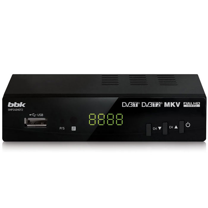BBK SMP240HDT2 цифровой телевизионный ресивер DVB-T2, BlackSMP240HDT2 BBK SMP240HDT2 цифровой телевизионный ресивер DVB-T2, BlackSMP240HDT2Огромный выбор каналов цифрового эфирного телевидения стандартов DVB-T, DVB-T2 MPEG-2/MPEG-4 и радио станет доступен благодаря приставке BBK SMP240HDT2. Прием сигнала осуществляется посредством обычной комнатной или внешней антенны. Ресивер обладает возможностями медиаплеера с поддержкой формата MKV. Функция EPG (Electronic Program Guide) осуществляет доступ к интерактивной программе передач - на экране телевизора высвечивается расписание телепрограмм. USB2.0-порт для подключения внешних USB-совместимых устройств Поддерживаемые форматы файлов: AVI, M2TS, MKV, MPG, TS, MP3, OGG, JPG Частотный диапазон: 174-230 MHz, 470-862 MHz Модель чипсета: ALI 3821