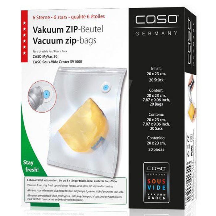 CASO ZIP 20х23 пакеты для вакуумного упаковщика, 20 шт.VC ZIP 20*23 CASO ZIP 20х23 пакеты для вакуумного упаковщика, 20 шт.VC ZIP 20*23Специальные прочные пакеты CASO ZIP для вакуумного упаковщика с ZIP-замком. Ребристая внутренняя поверхность для оптимального вакуумирования. Высокая прочность пакета допускает замораживание, использование в СВЧ печи, готовку по технологии Sous-Vide.