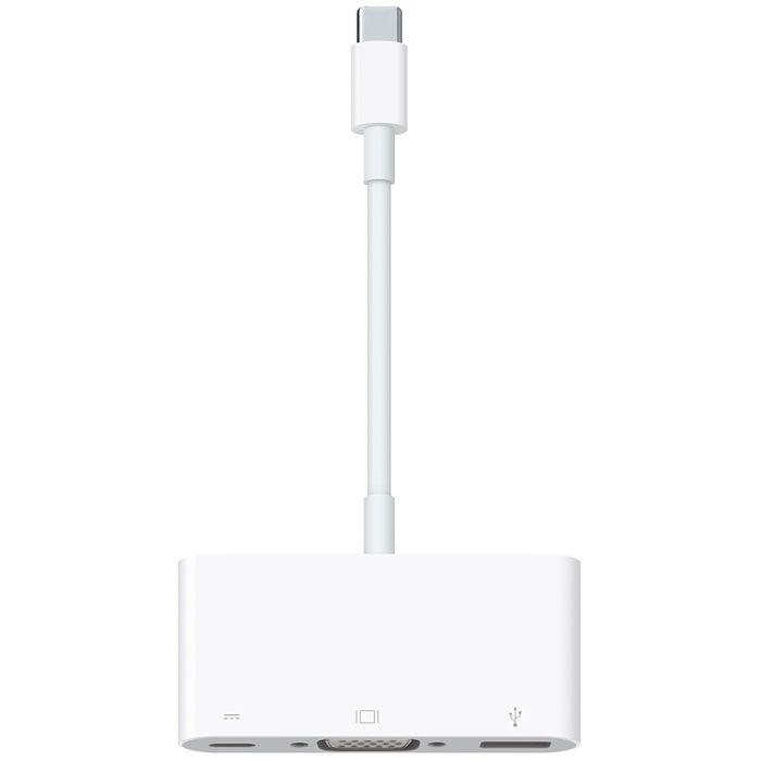 Apple USB-C/VGA Multiport адаптер (MJ1L2ZM/A)MJ1L2ZM/A Apple USB-C/VGA Multiport адаптер (MJ1L2ZM/A)MJ1L2ZM/AМногопортовый VGA-адаптер Apple USB-C/VGA Multiport (MJ1L2ZM/A) позволяет одновременно подключать к MacBook c портом USB-C устройство со стандартным USB-разъёмом, VGA-монитор и кабель для зарядки. Данная модель позволяет дублировать изображение с экрана MacBook на телевизор с поддержкой VGA или отображать его с разрешением до 1080p в HD-качестве. Кроме того, он поддерживает передачу видеоматериалов, таких как фильмы и видеоролики. Просто подключите адаптер одним разъёмом к порту USB-C вашего MacBook, а другим — к телевизору или видеопроектору через кабель VGA (продаётся отдельно). Используйте стандартный порт USB, чтобы подключать флэш-накопитель, камеру или кабель USB для синхронизации и зарядки вашего iPhone, iPad или iPod. Кроме того, вы можете подключать к порту USB-C кабель для зарядки, чтобы зарядить ваш MacBook.