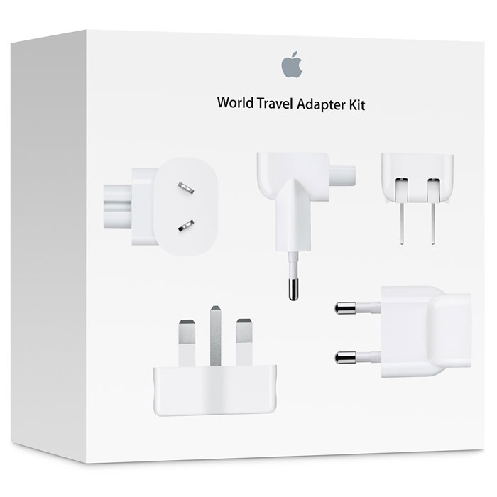 Apple World Travel Adapter Kit комплект адаптеров (MD837ZM/A)MD837ZM/A Apple World Travel Adapter Kit комплект адаптеров (MD837ZM/A)MD837ZM/AКомплект адаптеров Apple World Travel Adapter Kit включает набор из семи штепсельных вилок для различных типов розеток переменного тока, используемых в разных странах мира. Поддерживаемые регионы указаны в виде лазерной гравировки. Этот идеальный комплект обеспечивает совместимость с различными источниками питания во время ваших путешествий по всему миру. Комплект создан для работы с iPod, iPhone, iPad, адаптерами питания Apple MagSafe (для MacBook, MacBook Pro и MacBook Air), адаптерами питания USB мощностью 10 Вт и 12 Вт, а также портативными адаптерами питания. Штепсельные вилки, входящие в комплект адаптеров Apple World Travel Adapter Kit, могут напрямую использоваться в Северной Америке, Японии, Китае, Великобритании, странах Европы, Корее, Австралии, Гонконге и Бразилии.