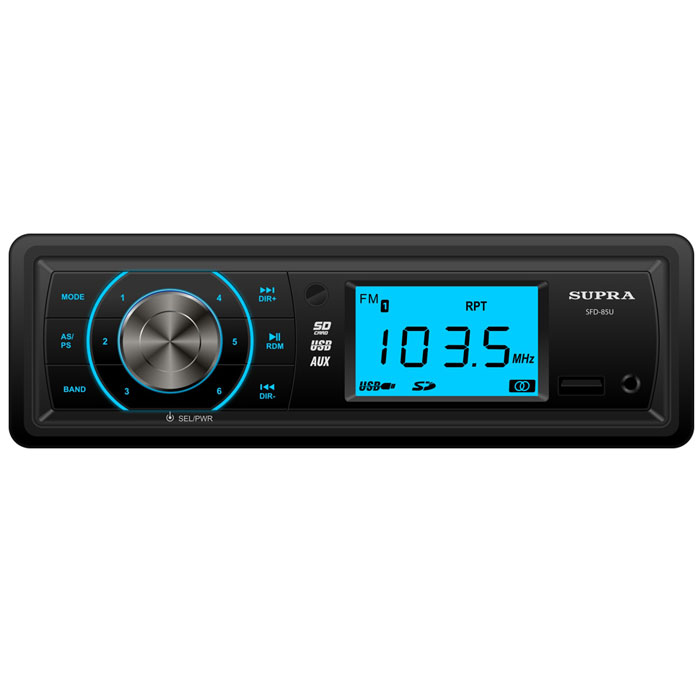 Supra SFD-85U, Black автомагнитола MP3SFD-85U Supra SFD-85U, Black автомагнитола MP3SFD-85USupra SFD-85U отличается предельной простотой в эксплуатации. Для прослушивания музыки необходимо лишь подключить флэшку или вставить в специальный разъем SD-карту. Устройство считывает файлы, записанные в форматах MP3 и WMA и осуществляет поиск музыки по папкам и файлам. Автомагнитола также оснащена FM- тюнером с памятью до 30 радиостанций и большим экраном с синей подсветкой.