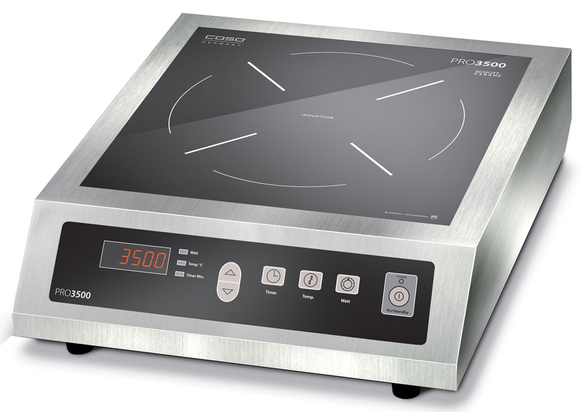 CASO Pro 3500 настольная индукционная плиткаPRO 3500 CASO Pro 3500 настольная индукционная плиткаPRO 3500Настольная индукционная плита CASO PRO 3500 – верная помощница на кухне, которая служит качественно и долго и доставляет своему владельцу только положительные эмоции. Прибор имеет одну зону нагрева, сенсорное управление с дисплеем и светодиодной индикацией. Модель проста и понятна в настройке и управлении. Поверхность легко очищается от загрязнений. Варочная панель оснащена системой индукционного нагрева. Индуктор, расположенный под поверхностью, создает переменное электромагнитное поле – в результате этого в дне посуды индуцируется ток, что и приводит к нагреву. Тепло образуется непосредственно в дне посуды без промежуточного нагрева конфорки. Максимальная нагрузка: 6 кг.