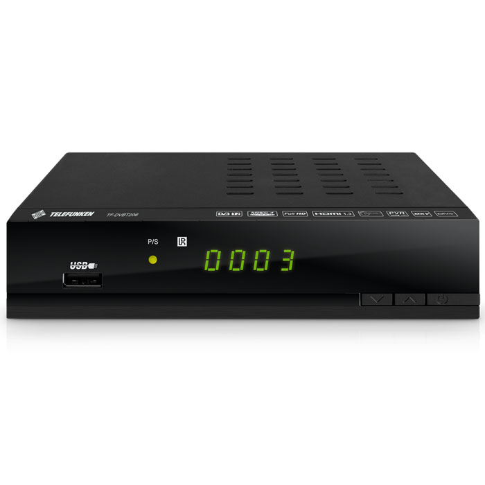 Telefunken TF-DVBT206, Black ТВ-тюнерTF-DVBT206 Telefunken TF-DVBT206, Black ТВ-тюнерTF-DVBT206ТВ-приставка Telefunken TF-DVBT206 имеет классический дизайн. Она может не только принимать сигнал, но и вести запись цифрового вещания на внешний жесткий диск или USB-носители (PVR). В устройстве есть функция паузы и сдвига телепередач на определенное время (Time Shift), функция Sleep, а также возможность записи эфира по расписанию (однократно, ежедневно, еженедельно). Также данная модель обладают возможностями обычного плеера - воспроизводит аудио-, фото- и видеофайлы с различных USB- носителей – от простой флешки до внешних жестких дисков с памятью до 2 ТБ. На передней панели этого устройства кроме сегментного дисплея и USB-порта есть несколько кнопок управления. Всё остальное управление ведётся с пульта. Обратная сторона устройства имеет HDMI-разъём, композитный и компонентный видеовыходы, коаксиальный и линейный аудиовыходы, вход и выход для антенны. В комплект помимо пульта ДУ на паре пальчиковых батарей входит и аудио/видеокабель.