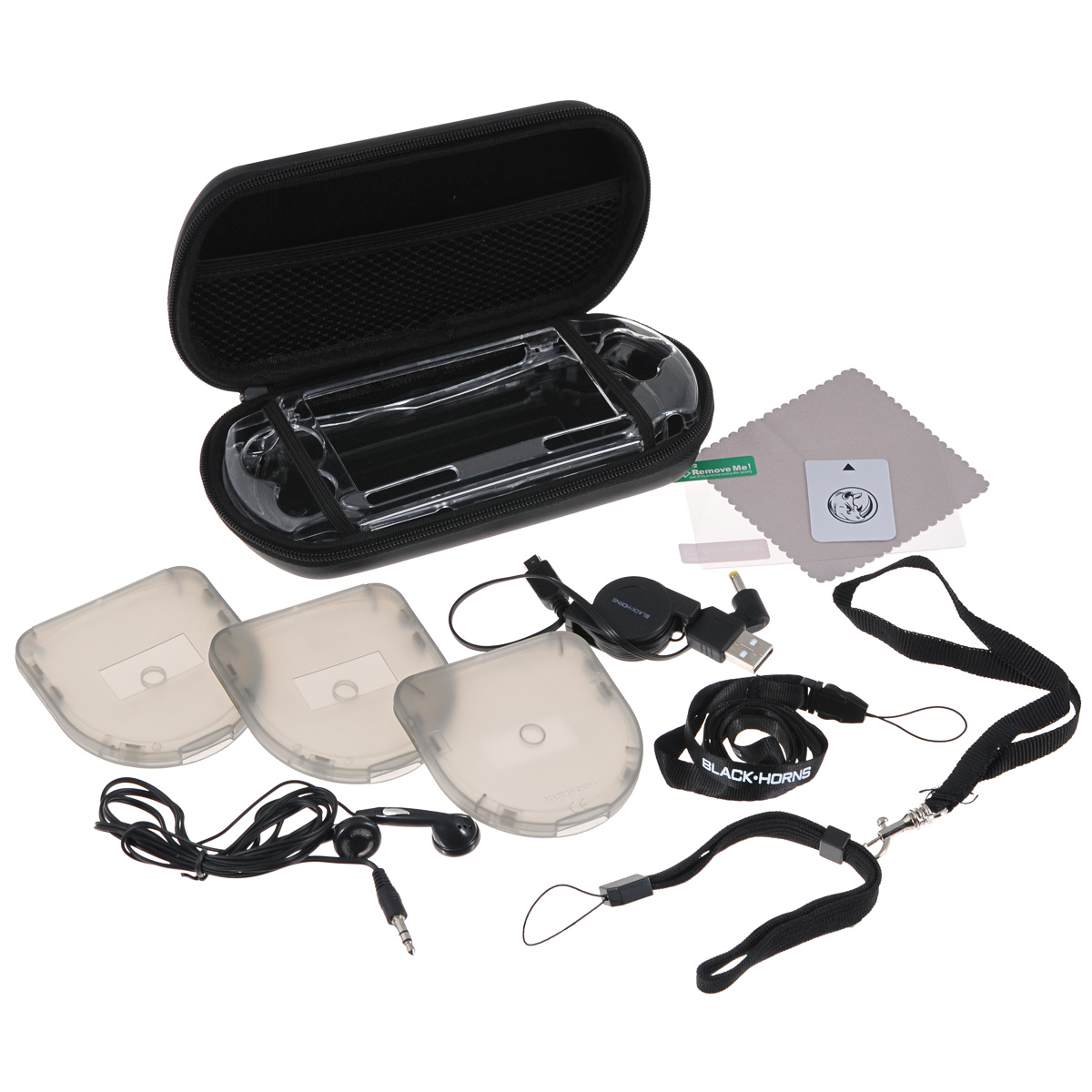 Black Horns Kit 12 in 1 набор аксессуаров для Sony PSP E1000BH-PSE0801(R) Black Horns Kit 12 in 1 набор аксессуаров для Sony PSP E1000BH-PSE0801(R)Набор аксессуаров Black Horns Kit 12 in 1 для Sony PSP E1000. В комплект входят 2 чехла (прозрачный и мягкий) для хранения и транспортировки портативной игровой консоли. Благодаря наличию ремешка на руку и шнурка на шею игровую консоль удобно переносить. Для зарядки устройства в набор включен сворачиваемый кабель USB (2 в 1). Для хранения UMD- дисков имеются 3 футляра из прозрачного материала. Салфетка из микрофибры поможет вам очистить поверхность приставки от пыли и грязи. А пленка для защиты экрана убережет его от царапин и потертостей. Для ее наклеивания предназначена специальная карточка для удаления пузырьков воздуха. Также в комплект входят стерео наушники.