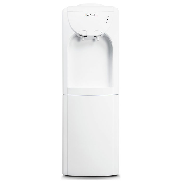HotFrost V220CF кулер для воды4630004841284 HotFrost V220CF кулер для воды4630004841284HotFrost V220CF - кулер для воды с функцией нагрева возможностью подачи воды с температурой окружающей среды. Данная модель с первого взгляда покорит сердце настоящего любителя минимализма. И вправду, на передней панели V220CF нет ни одной лишней детали, которая выбивалась бы из общего облика модели. Сверху расположилась ниша для размещения и наполнения водой стаканов и чашек. Подача воды в этой модели осуществляется с помощью двух небольших кранов. Вместо «лепестков» в V220CF используются кнопки, не выступающие над поверхностью кулера. Чуть выше и правее находятся индикаторы работы аппарата, которые будут оповещать владельца диспенсера о том, в каком режиме техника находится на данный момент времени. Нижняя часть корпуса традиционно отведена под шкафчик объемом 14 литров, скрытый за белой дверцей. Корпус диспенсера выполнен из прочного пластика. Загрузка бутыли выполняется стандартно, то есть, сверху.